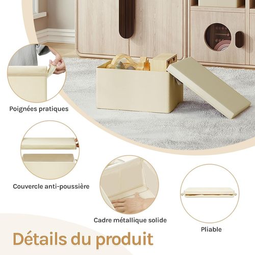Boîte De Rangement Avec Couvercle Amovible,pliable,coffre En Tissu,avec Poignée,crème,48x29x20cm