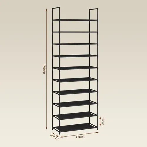 Étagère Chaussures, à 10 Niveaux, Rangement Chaussures, Étroit, Cadre En Métal, 61x28x174cm, Noir