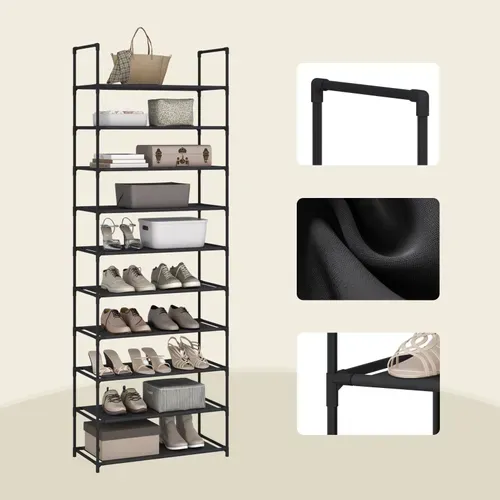 Étagère Chaussures, à 10 Niveaux, Rangement Chaussures, Étroit, Cadre En Métal, 61x28x174cm, Noir
