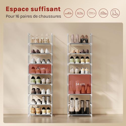 Étagère Chaussures, à 8 Niveaux, Rangement Chaussures, Étroit, Cadre En Métal, 41x28x140cm, Gris