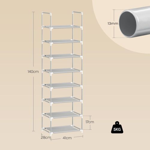 Étagère Chaussures, à 8 Niveaux, Rangement Chaussures, Étroit, Cadre En Métal, 41x28x140cm, Gris