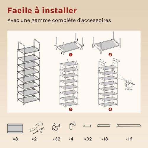 Étagère Chaussures, à 8 Niveaux, Rangement Chaussures, Étroit, Cadre En Métal, 41x28x140cm, Gris