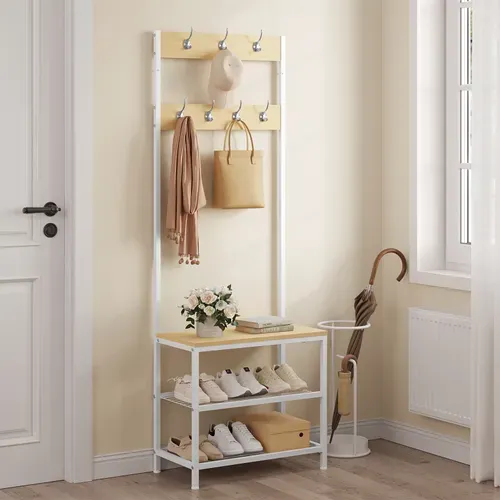 Porte-manteau Avec Banc Et Étagère à 2 Niveaux, 7 Crochets Doubles, Bois D'ingénierie, Chêne Clair