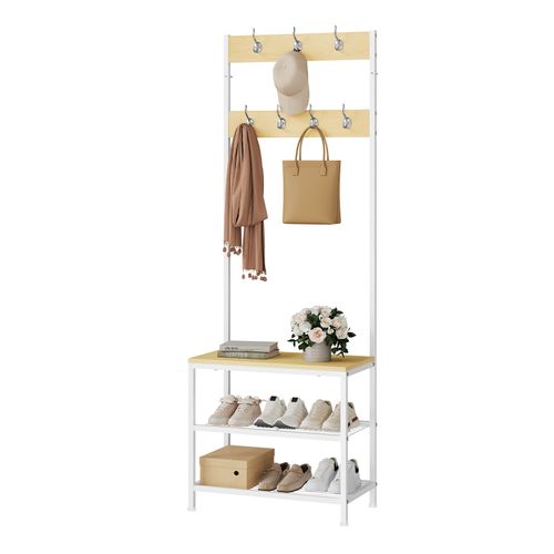 Porte-manteau Avec Banc Et Étagère à 2 Niveaux, 7 Crochets Doubles, Bois D'ingénierie, Chêne Clair