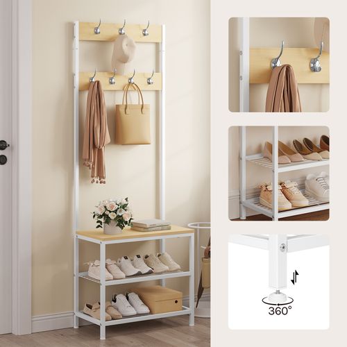 Porte-manteau Avec Banc Et Étagère à 2 Niveaux, 7 Crochets Doubles, Bois D'ingénierie, Chêne Clair