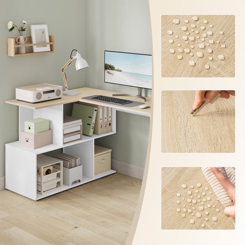 Bureau D'angle En L, 120x100cm, Table D'ordinateur Avec Étagères, Blanc Et Chêne Clair