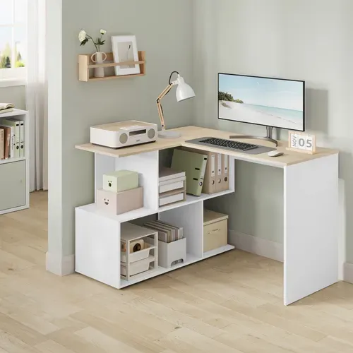 Bureau D'angle En L, 120x100cm, Table D'ordinateur Avec Étagères, Blanc Et Chêne Clair