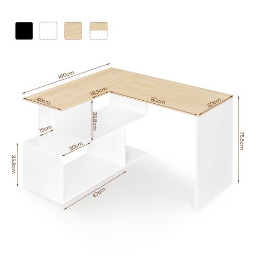 Bureau D'angle En L, 120x100cm, Table D'ordinateur Avec Étagères, Blanc Et Chêne Clair