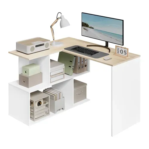 Bureau D'angle En L, 120x100cm, Table D'ordinateur Avec Étagères, Blanc Et Chêne Clair