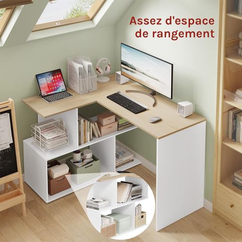 Bureau D'angle En L, 120x100cm, Table D'ordinateur Avec Étagères, Blanc Et Chêne Clair