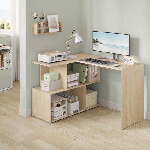 Bureau D'angle Avec Rangement, 120x100cm, Table D'ordinateur En L Avec Étagères, Chêne Clair