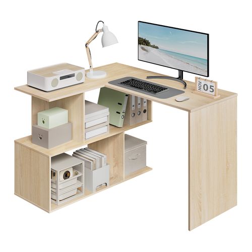 Bureau D'angle Avec Rangement, 120x100cm, Table D'ordinateur En L Avec Étagères, Chêne Clair