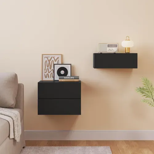 Lot De 2 Table De Chevet Flottante, Table De Nuit Murale Avec Tiroirs, En Bois, Noir