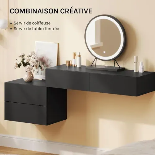 Lot De 2 Table De Chevet Flottante, Table De Nuit Murale Avec Tiroirs, En Bois, Noir