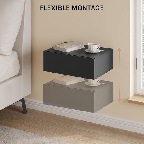 Lot De 2 Table De Chevet Flottante, Table De Nuit Murale Avec Tiroirs, En Bois, Noir
