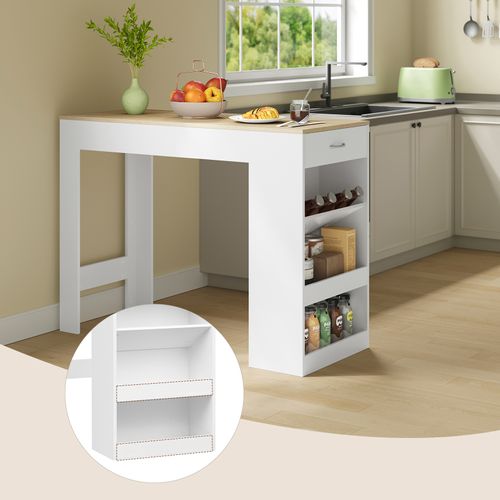 WOLTU Table De Bar Haute Cuisine 120x50x90 Cm - Chêne Clair & Blanc Avec Tiroir + Rangement Bouteilles