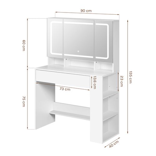 Coiffeuse Avec Grand Miroir LED à Luminosité Réglable, Meuble Chambre Avec Tiroir, Blanc, 90x40 Cm