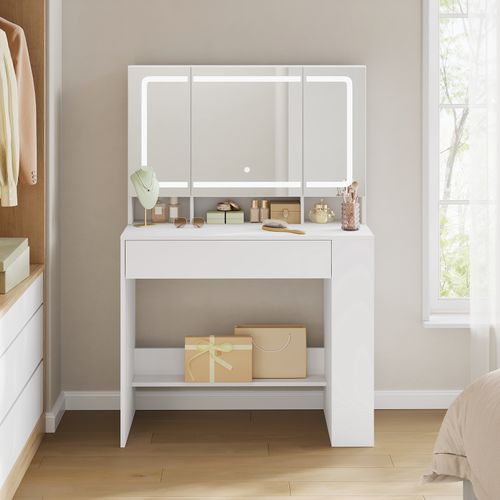 Coiffeuse Avec Grand Miroir LED à Luminosité Réglable, Meuble Chambre Avec Tiroir, Blanc, 90x40 Cm