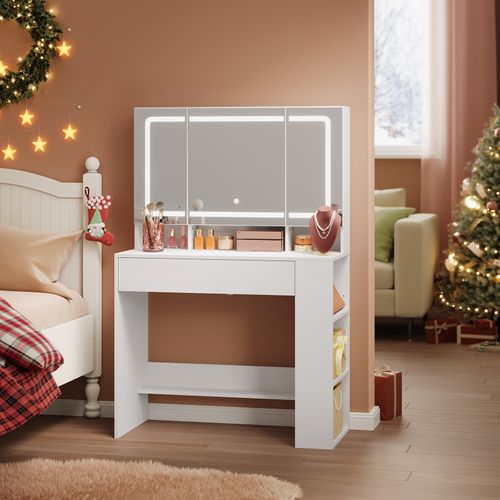 Coiffeuse Avec Grand Miroir LED à Luminosité Réglable, Meuble Chambre Avec Tiroir, Blanc, 90x40 Cm