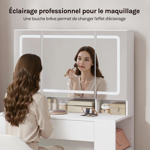 Coiffeuse Avec Grand Miroir LED à Luminosité Réglable, Meuble Chambre Avec Tiroir, Blanc, 90x40 Cm
