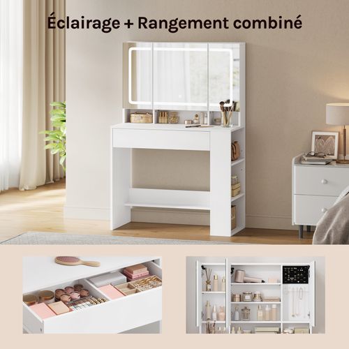 Coiffeuse Avec Grand Miroir LED à Luminosité Réglable, Meuble Chambre Avec Tiroir, Blanc, 90x40 Cm