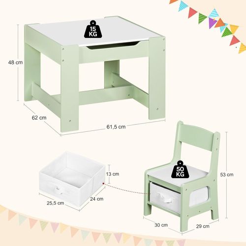 Table D'enfant Et 2 Chaises, Mobilier Avec Rangement, Plateau Réversible, En Bois Mdf,Vert Et Blanc