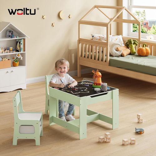 Table D'enfant Et 2 Chaises, Mobilier Avec Rangement, Plateau Réversible, En Bois Mdf,Vert Et Blanc