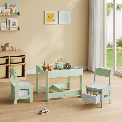 Table D'enfant Et 2 Chaises, Mobilier Avec Rangement, Plateau Réversible, En Bois Mdf,Vert Et Blanc
