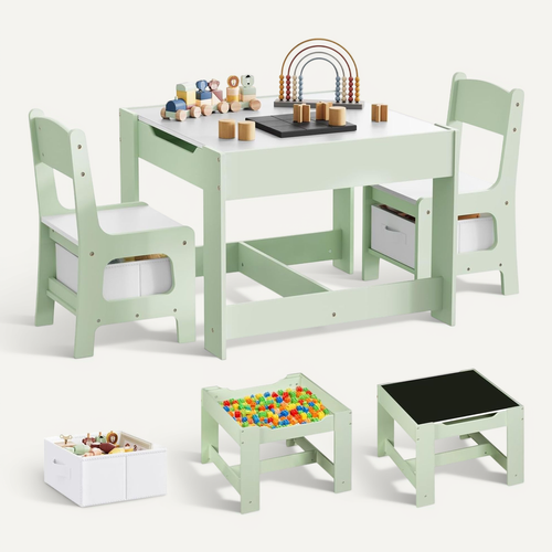 Table D'enfant Et 2 Chaises, Mobilier Avec Rangement, Plateau Réversible, En Bois Mdf,Vert Et Blanc