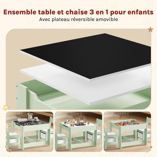 Table D'enfant Et 2 Chaises, Mobilier Avec Rangement, Plateau Réversible, En Bois Mdf,Vert Et Blanc