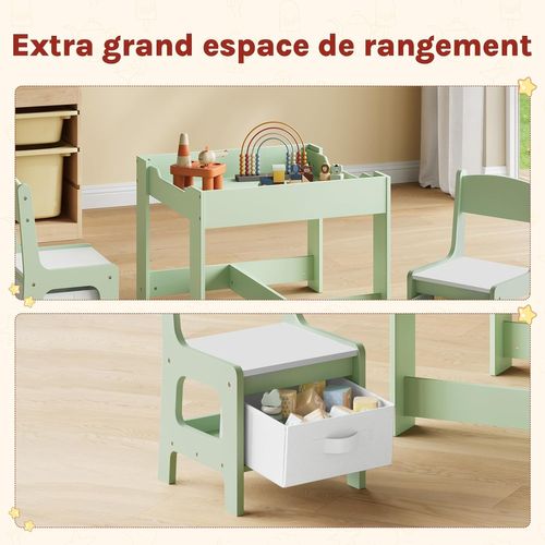Table D'enfant Et 2 Chaises, Mobilier Avec Rangement, Plateau Réversible, En Bois Mdf,Vert Et Blanc