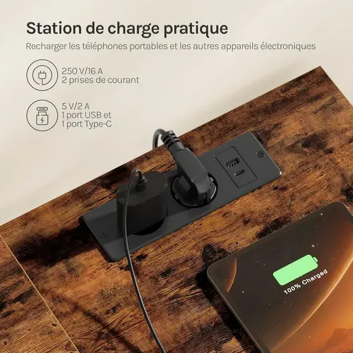 Bureau D'angle En L 180x80x84cm,Bureau Gaming Avec LED,2 Prises,1 Port USB Et 1 Port USB-C,Marron