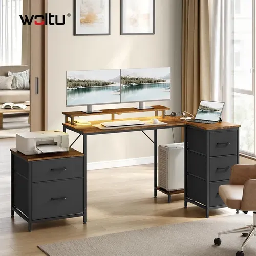 Bureau D'angle En L 180x80x84cm,Bureau Gaming Avec LED,2 Prises,1 Port USB Et 1 Port USB-C,Marron