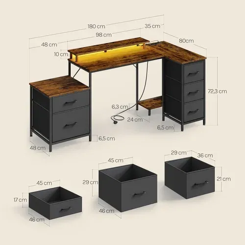 Bureau D'angle En L 180x80x84cm,Bureau Gaming Avec LED,2 Prises,1 Port USB Et 1 Port USB-C,Marron