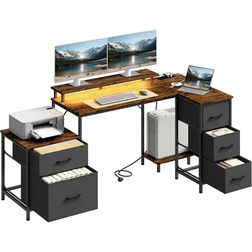 Bureau D'angle En L 180x80x84cm,Bureau Gaming Avec LED,2 Prises,1 Port USB Et 1 Port USB-C,Marron