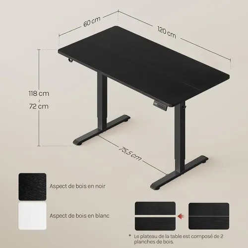 Bureau Assis Debout électrique, Réglable En Hauteur, 120x60x118 Cm, 3 Positions Mémoire, Noir
