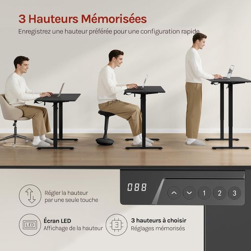 Bureau Assis Debout électrique, Réglable En Hauteur, 120x60x118 Cm, 3 Positions Mémoire, Noir