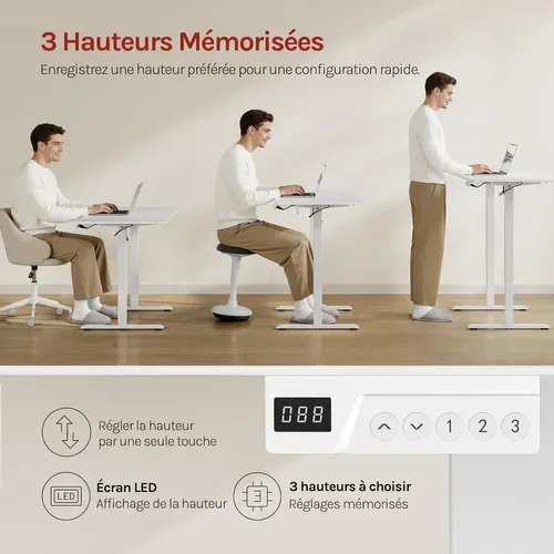 Bureau Assis Debout,Hauteur Réglable Électrique,72-118cm,Réglage En Continu,Crochets,120x60cm,Blanc