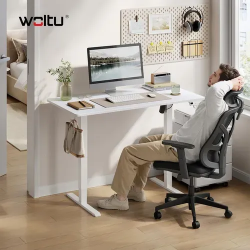 Bureau Assis Debout,Hauteur Réglable Électrique,72-118cm,Réglage En Continu,Crochets,120x60cm,Blanc