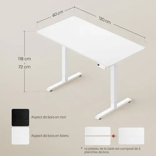 Bureau Assis Debout,Hauteur Réglable Électrique,72-118cm,Réglage En Continu,Crochets,120x60cm,Blanc