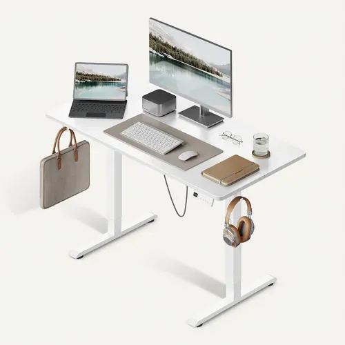 Bureau Assis Debout,Hauteur Réglable Électrique,72-118cm,Réglage En Continu,Crochets,120x60cm,Blanc