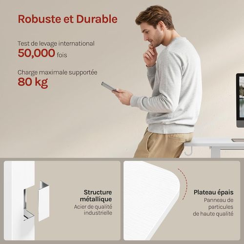 Bureau Assis Debout,Hauteur Réglable Électrique,72-118cm,Réglage En Continu,Crochets,120x60cm,Blanc