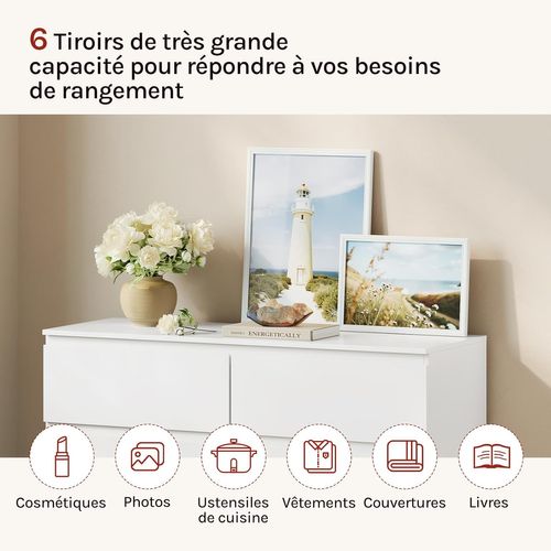 Commode 6 Tiroirs, Meuble De Rangement Blanc, En Bois D'ingénierie, Style Moderne, 100x36x69 cm
