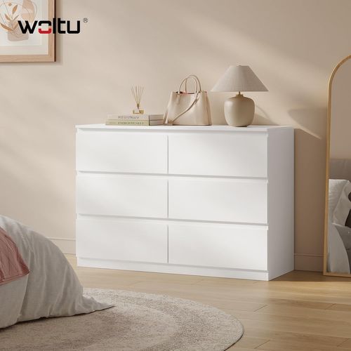 Commode 6 Tiroirs, Meuble De Rangement Blanc, En Bois D'ingénierie, Style Moderne, 100x36x69 cm