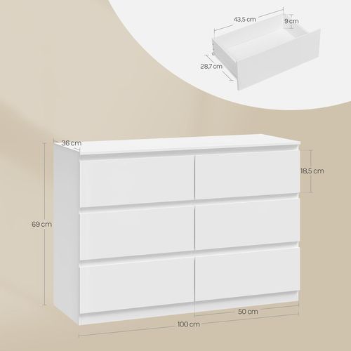 Commode 6 Tiroirs, Meuble De Rangement Blanc, En Bois D'ingénierie, Style Moderne, 100x36x69 cm