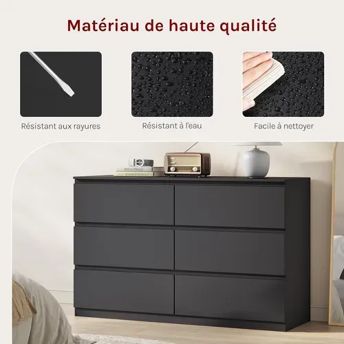 Commode Chambre, Meuble De Rangement, Avec 6 Tiroirs, En Bois D'ingénierie, 120x40x75 Cm, Noir