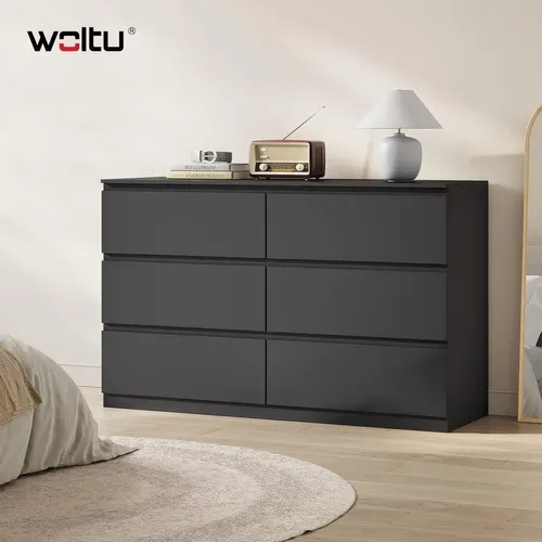 Commode Chambre, Meuble De Rangement, Avec 6 Tiroirs, En Bois D'ingénierie, 120x40x75 Cm, Noir