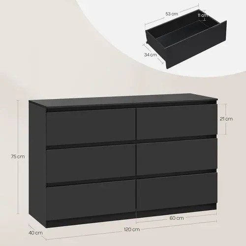 Commode Chambre, Meuble De Rangement, Avec 6 Tiroirs, En Bois D'ingénierie, 120x40x75 Cm, Noir