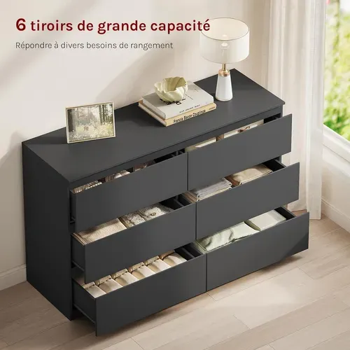 Commode Chambre, Meuble De Rangement, Avec 6 Tiroirs, En Bois D'ingénierie, 120x40x75 Cm, Noir