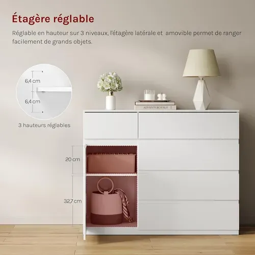 Commode Chambre, 5 Tiroirs Et 1 Placard, Étagère Réglable, 100x40x80cm, Blanc